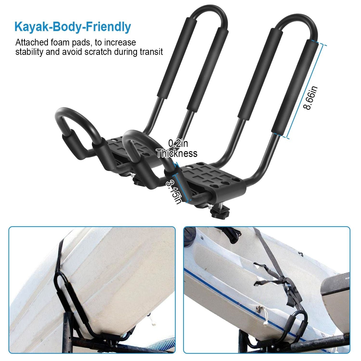 1 Pair Universal J-Bar Kayak Carrier 220LBS Load Heavy Duty Canoe Car Top Mount Carrier Roof Rack with 2Pcs Tie Down Straps - Renee Lane Company