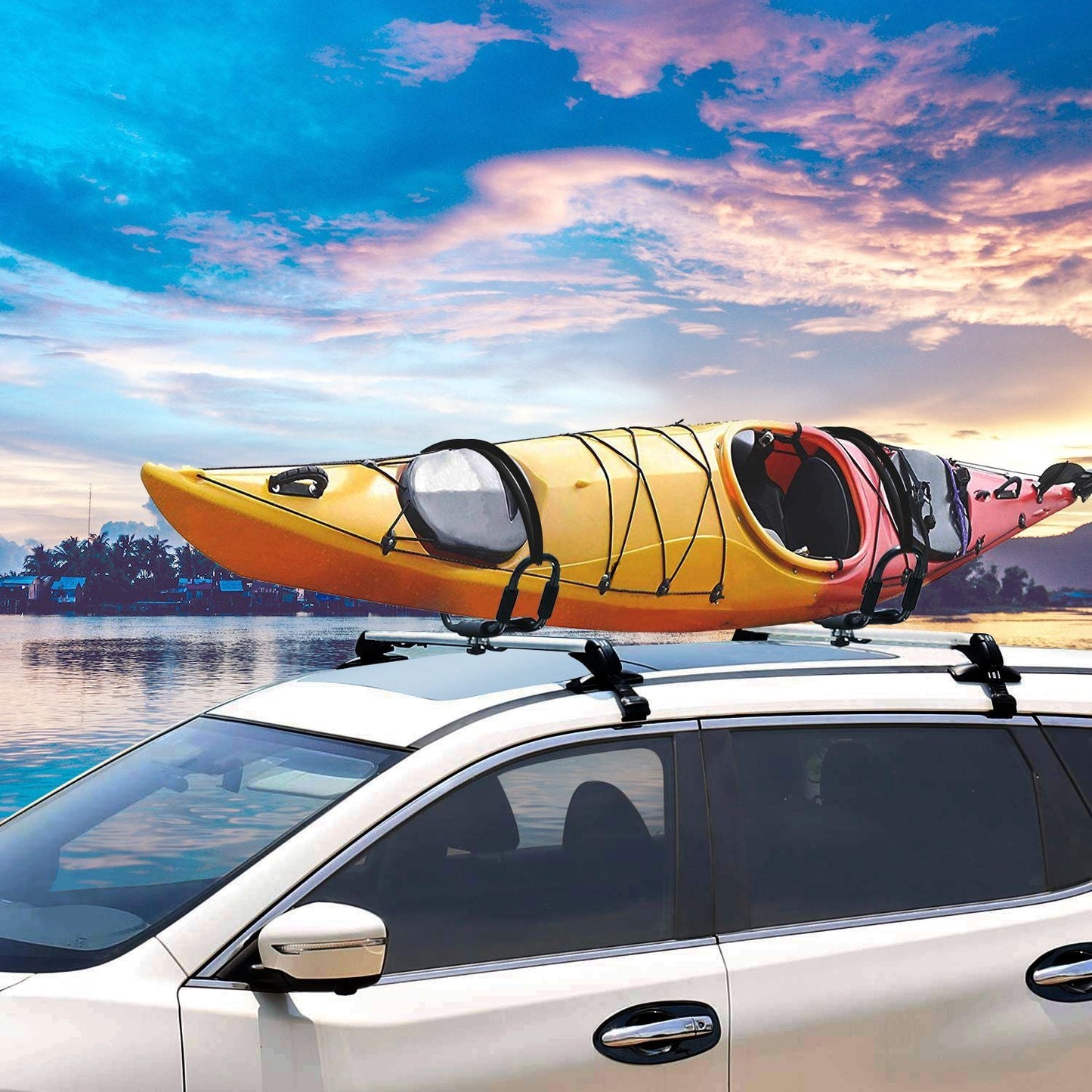 1 Pair Universal J-Bar Kayak Carrier 220LBS Load Heavy Duty Canoe Car Top Mount Carrier Roof Rack with 2Pcs Tie Down Straps - Renee Lane Company