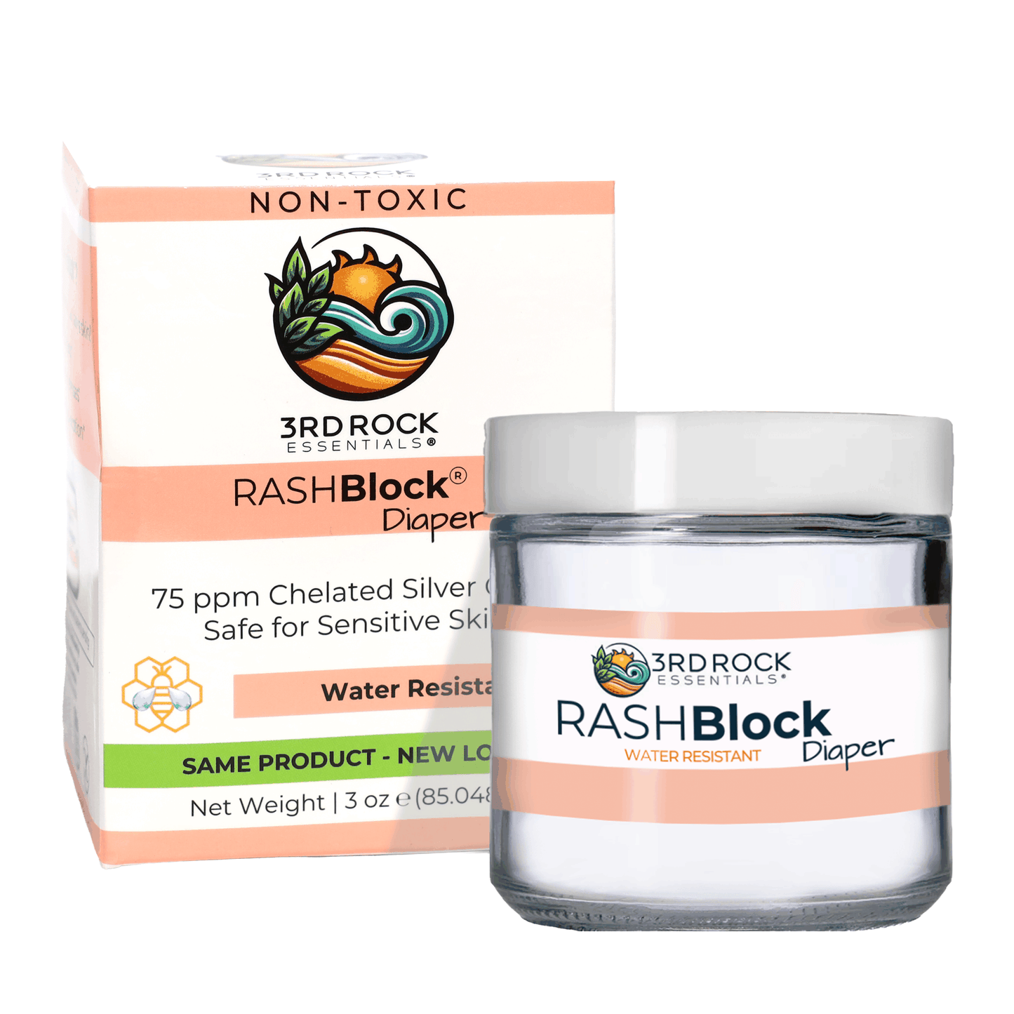 RASHBlock water-resistant diaper gel jar with orange label and 75 ppm chelated silver