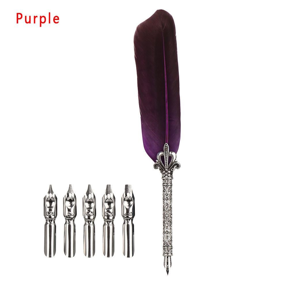 1 Set Multicolor Retro Quill Dip Pen Turkey Feather Pen Quill Oblique + 5 Nibs+ Pen Set Gift Writing Tools Office School Supply - Renee Lane Company