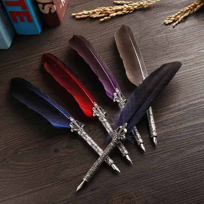1 Set Multicolor Retro Quill Dip Pen Turkey Feather Pen Quill Oblique + 5 Nibs+ Pen Set Gift Writing Tools Office School Supply - Renee Lane Company
