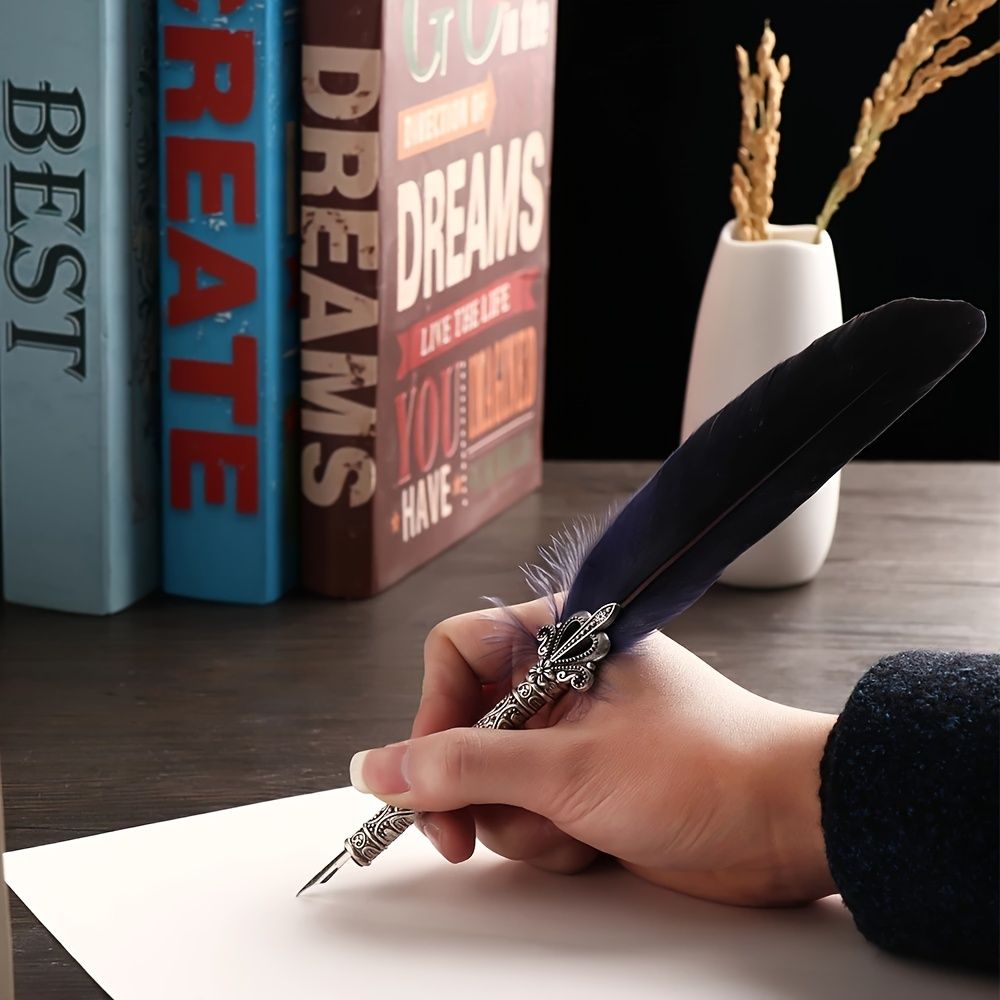 1 Set Multicolor Retro Quill Dip Pen Turkey Feather Pen Quill Oblique + 5 Nibs+ Pen Set Gift Writing Tools Office School Supply - Renee Lane Company