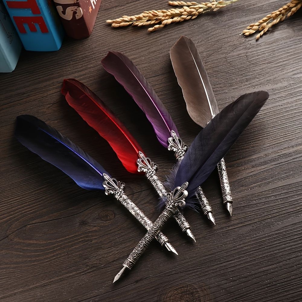 1 Set Multicolor Retro Quill Dip Pen Turkey Feather Pen Quill Oblique + 5 Nibs+ Pen Set Gift Writing Tools Office School Supply - Renee Lane Company