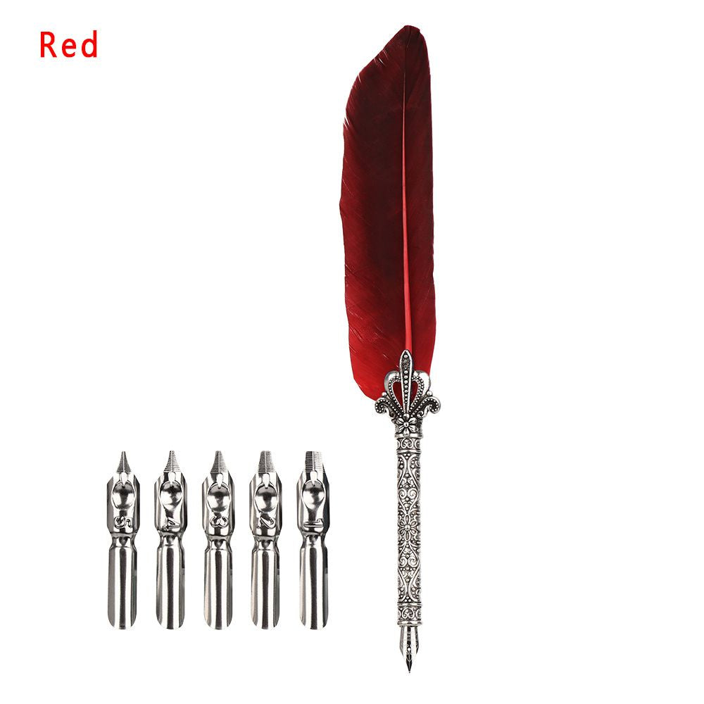 1 Set Multicolor Retro Quill Dip Pen Turkey Feather Pen Quill Oblique + 5 Nibs+ Pen Set Gift Writing Tools Office School Supply - Renee Lane Company