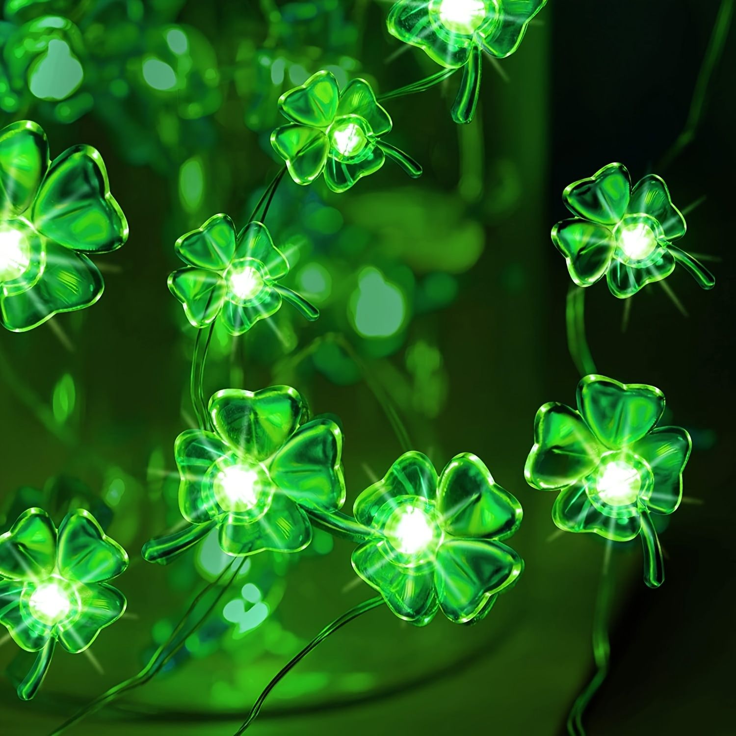 1 Set Of St Patrick's Day String Lights, Four-Leaf Clover Light String Shamrock Irish Fairy LED Light 10 Feet 40 Green Color LEDs Battery Operated With 8 Flashing - Renee Lane Company