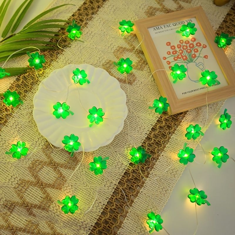 1 Set Of St Patrick's Day String Lights, Four-Leaf Clover Light String Shamrock Irish Fairy LED Light 10 Feet 40 Green Color LEDs Battery Operated With 8 Flashing - Renee Lane Company
