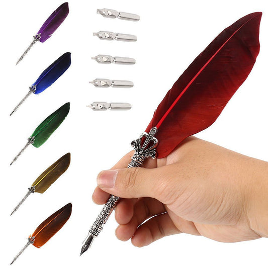 1 Set Vintage Quill Dip Pen Turkey Feather Pen Quill Oblique + 5 Nibs+ Pen Set Gift - Renee Lane Company