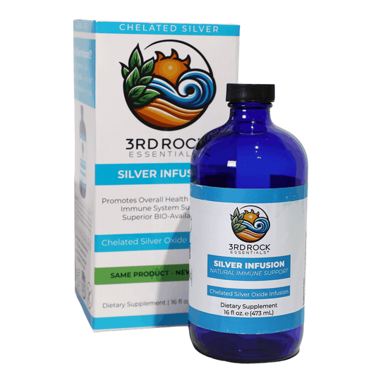 Chelated silver infusion dietary supplement bottle, blue glass with black cap