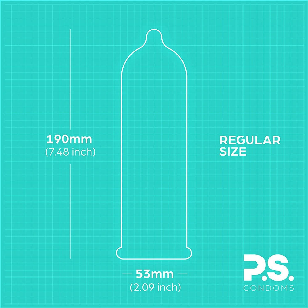 Regular-size condom diagram showing 190mm length and 53mm width
