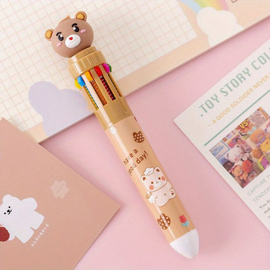 10-color Cartoon Ballpoint Pen Bear Press Color Pen Student Stationery Marker Pen Holiday Small Gift - Renee Lane Company