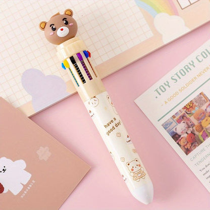 10-color Cartoon Ballpoint Pen Bear Press Color Pen Student Stationery Marker Pen Holiday Small Gift - Renee Lane Company