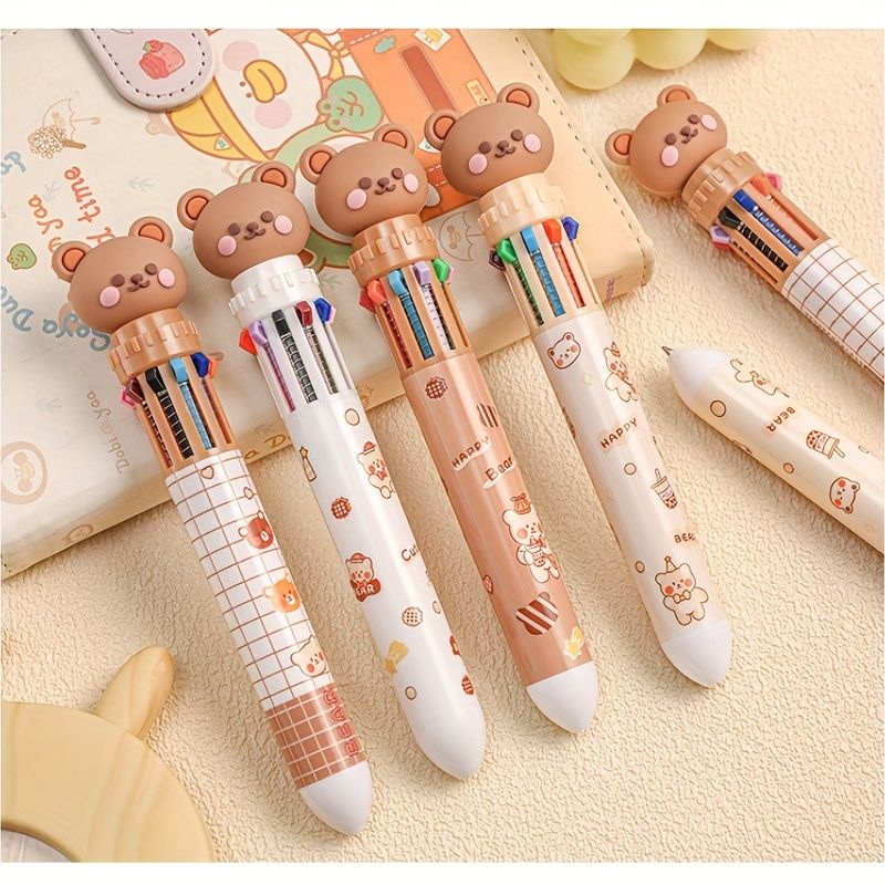 10-color Cartoon Ballpoint Pen Bear Press Color Pen Student Stationery Marker Pen Holiday Small Gift - Renee Lane Company