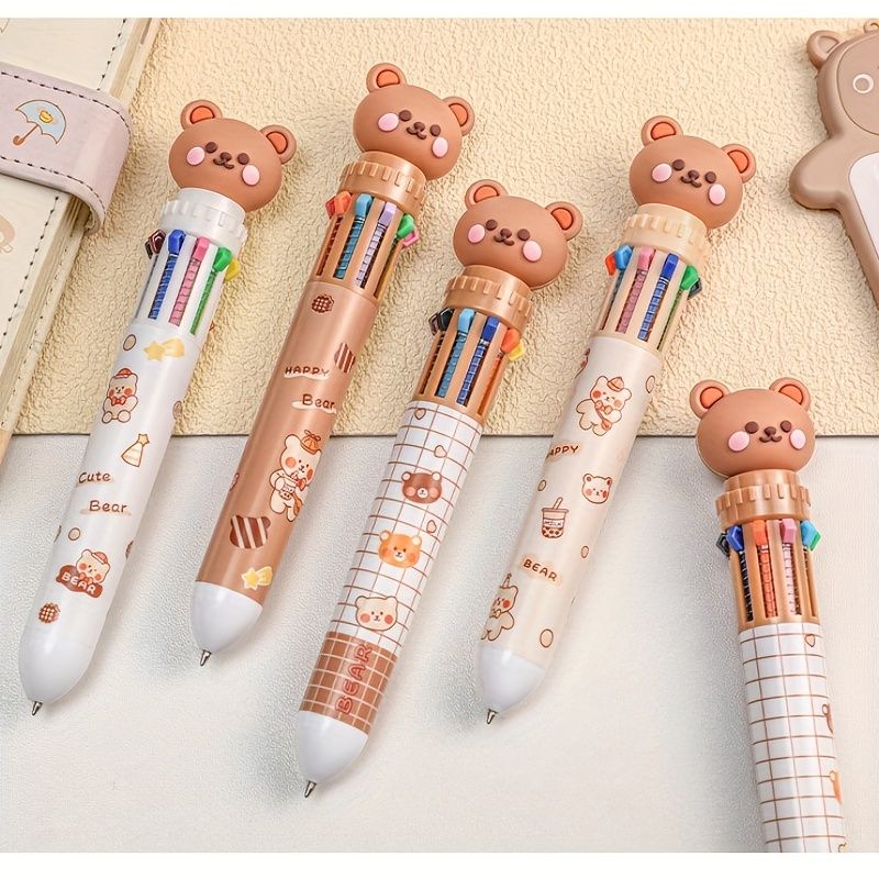 10-color Cartoon Ballpoint Pen Bear Press Color Pen Student Stationery Marker Pen Holiday Small Gift - Renee Lane Company