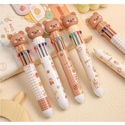 10-color Cartoon Ballpoint Pen Bear Press Color Pen Student Stationery Marker Pen Holiday Small Gift - Renee Lane Company