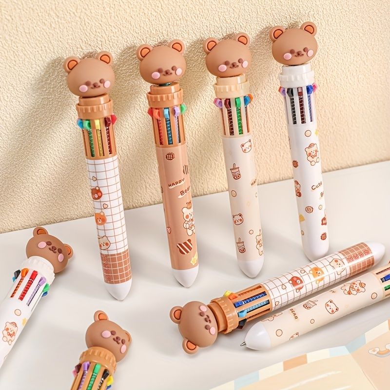 10-color Cartoon Ballpoint Pen Bear Press Color Pen Student Stationery Marker Pen Holiday Small Gift - Renee Lane Company