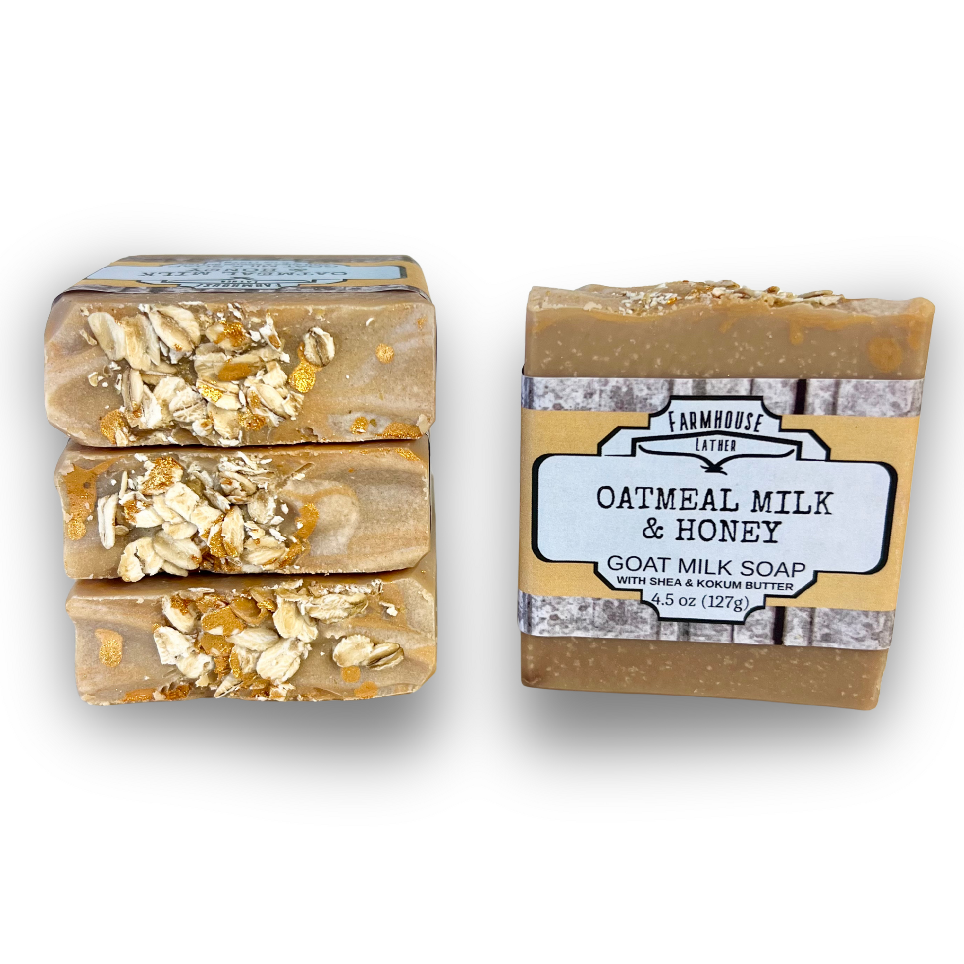 Oatmeal and honey goat milk soap bar, stacked with visible oat flakes and specks