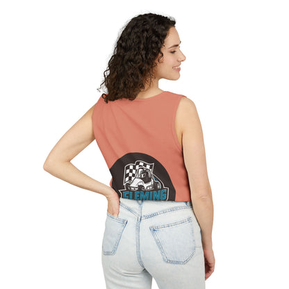 Coral racing tank top back view in side profile with motorsports logo graphic