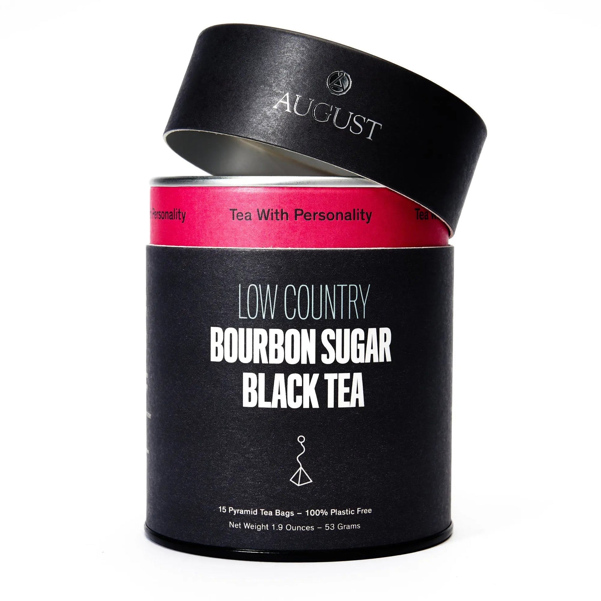 August tea canister with label Low Country Bourbon Sugar Black Tea