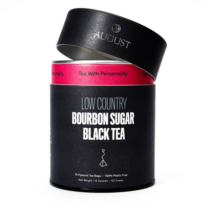 August tea canister with label Low Country Bourbon Sugar Black Tea