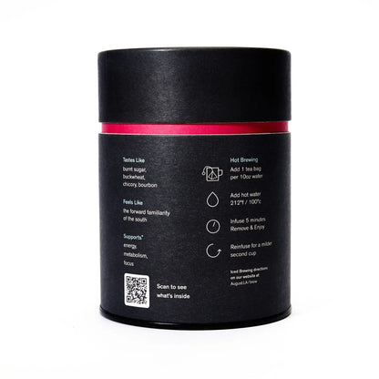 August black tea canister back with brewing directions and taste notes