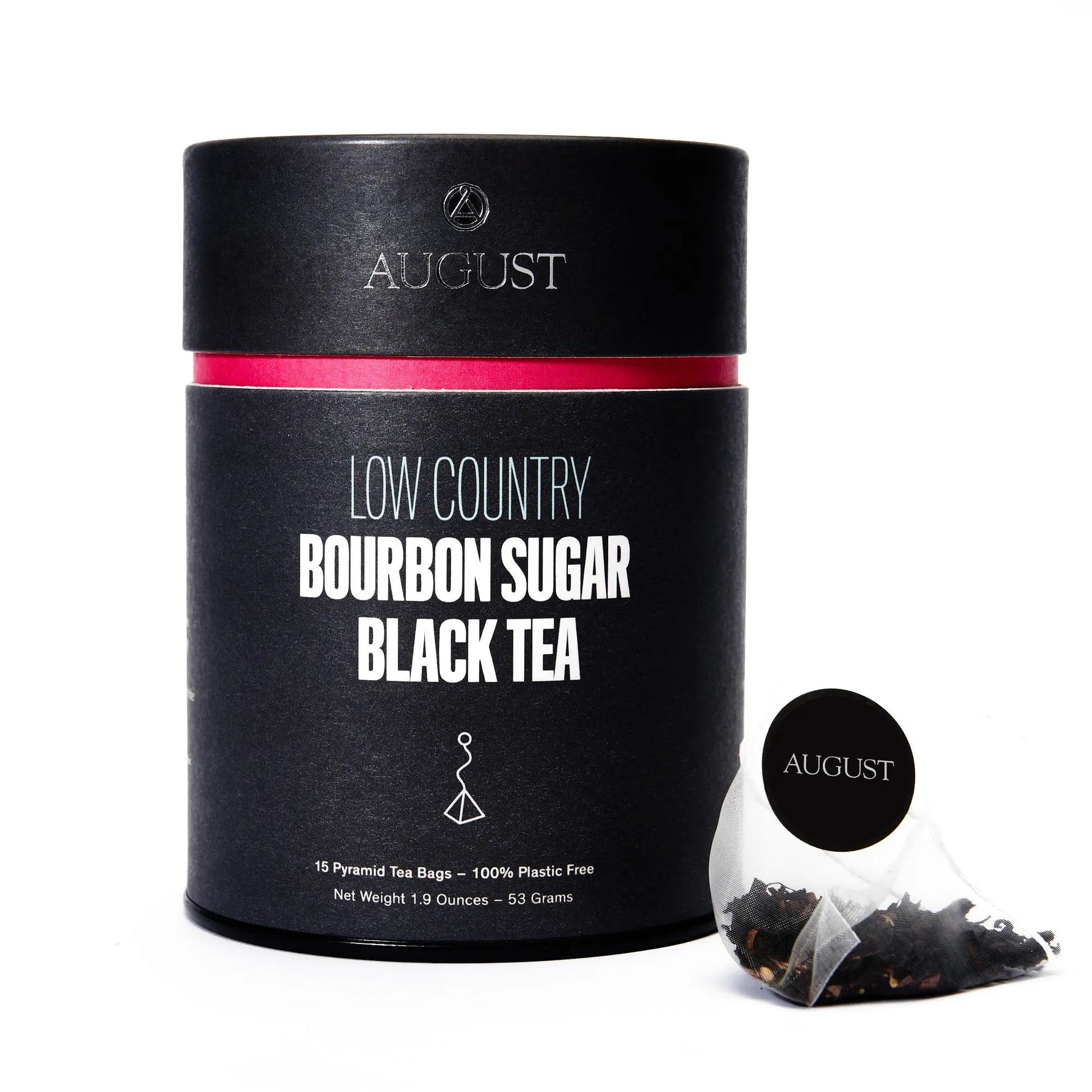 August tea bag canister labeled Low Country Bourbon Sugar Black Tea