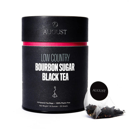 August tea bag canister labeled Low Country Bourbon Sugar Black Tea