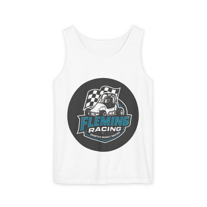 White racing tank top with round Fleming Racing graphic and checkered car logo