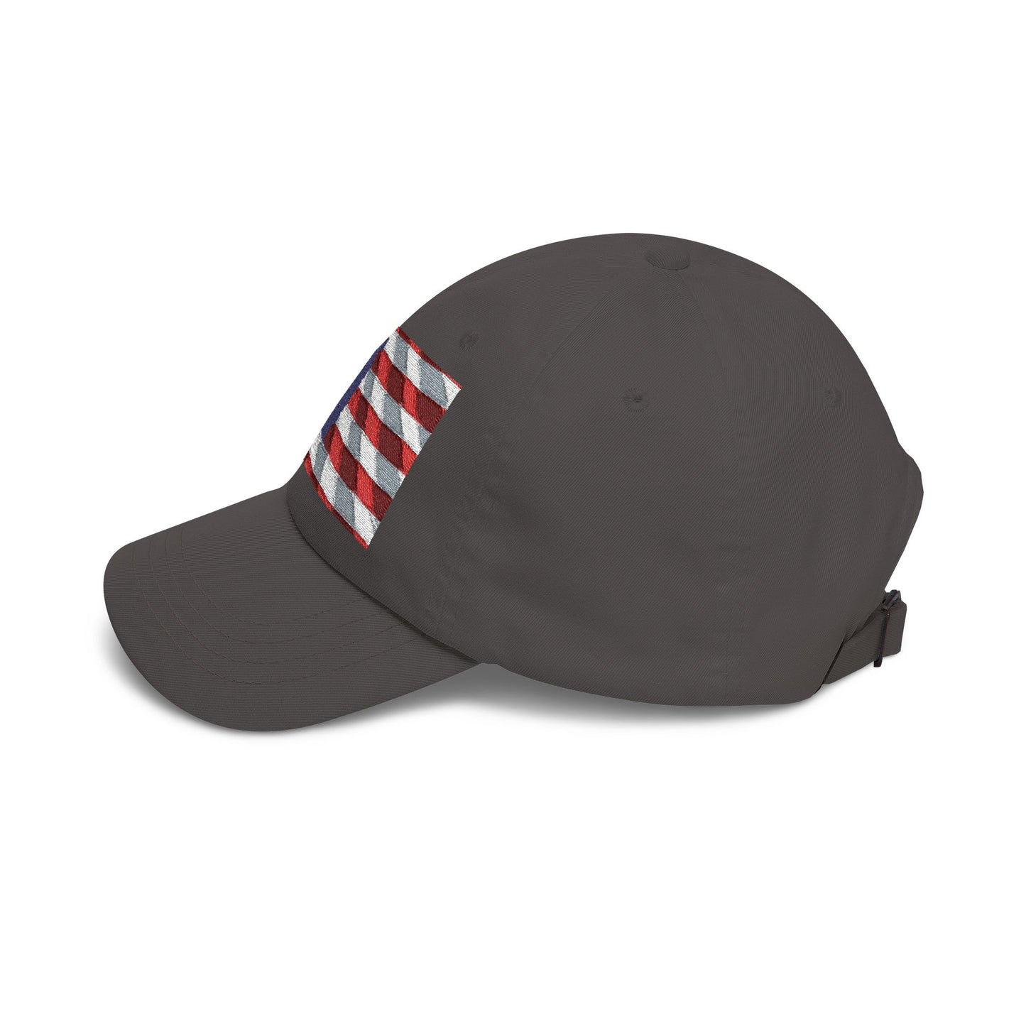 Dark grey dad cap with distressed American flag patch on side panel, curved brim