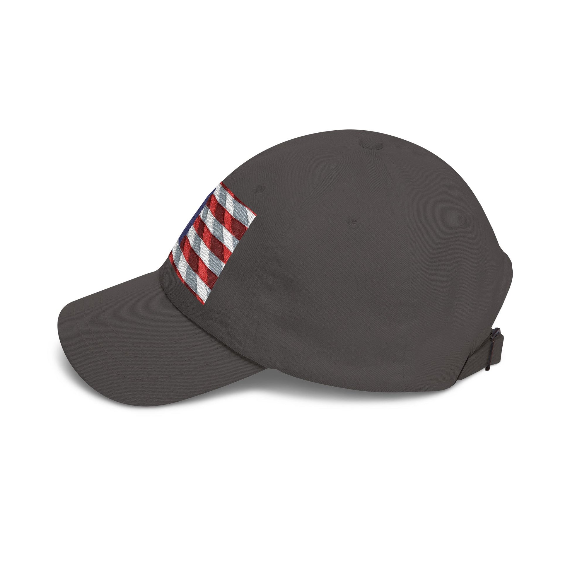Dark grey dad cap with distressed American flag patch on side panel, curved brim