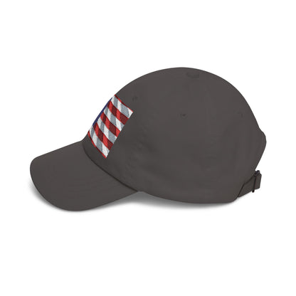 Dark grey dad cap with distressed American flag patch on side panel, curved brim
