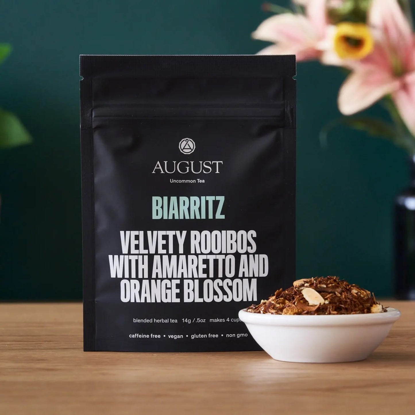 Rooibos tea pouch labeled velvet with amaretto and orange blossom