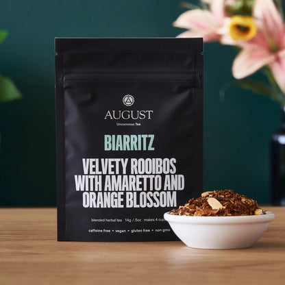 Rooibos tea pouch labeled velvet with amaretto and orange blossom
