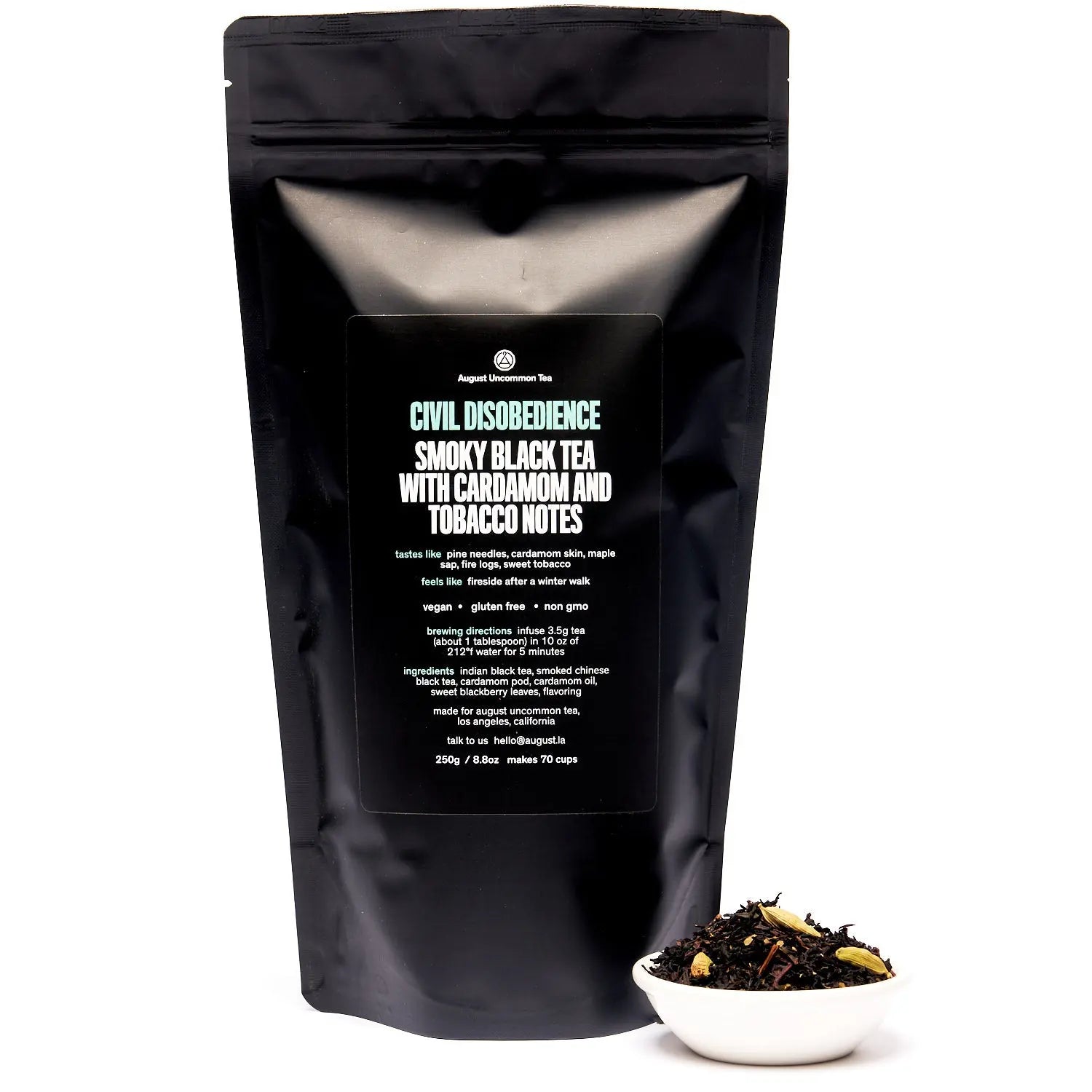 August Civil Disobedience smoky black tea back-label pouch with small bowl