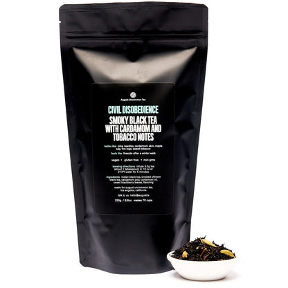 August Civil Disobedience smoky black tea back-label pouch with small bowl
