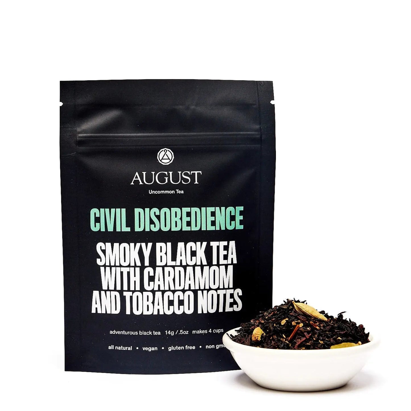 August Civil Disobedience smoky black tea pouch with bowl of tea blend