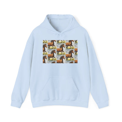Light blue horse-pattern hoodie with front pouch and drawstring hood