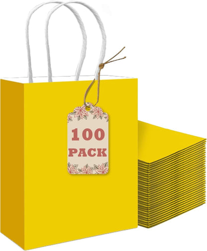 100PCS Gift Bag with Handles Bulk Bright Yellow Paper Bags Multiple Uses (8.3"x3"x6"inch Small Size) - Renee Lane Company