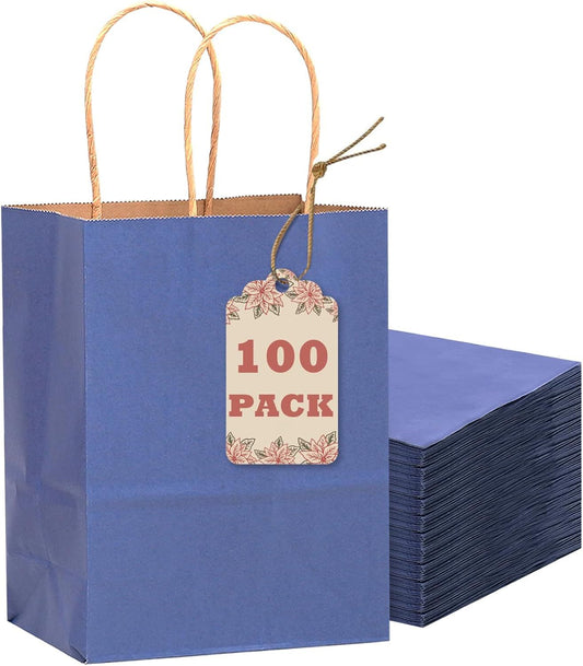 100PCS Gift Bag with Handles Bulk Kraft Deep Blue Paper Bags Multiple Uses (8.3"x3"x6"inch Small Size) - Renee Lane Company