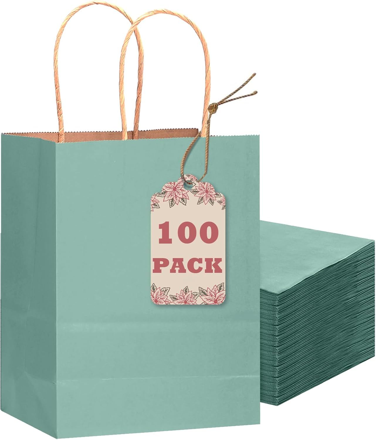 100PCS Gift Bag with Handles Bulk Kraft Light Blue Paper Bags Multiple Uses (8.3"x3"x6"inch Small Size) - Renee Lane Company