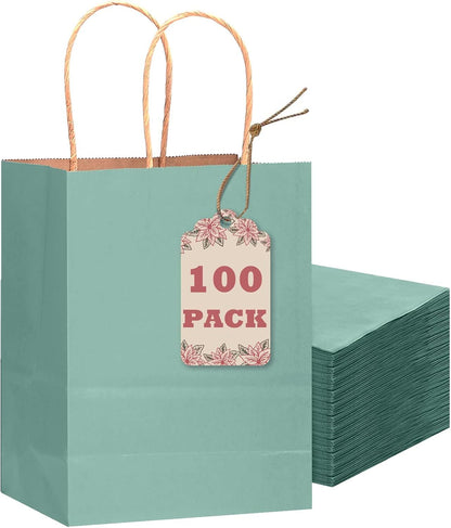 100PCS Gift Bag with Handles Bulk Kraft Light Blue Paper Bags Multiple Uses (8.3"x3"x6"inch Small Size) - Renee Lane Company