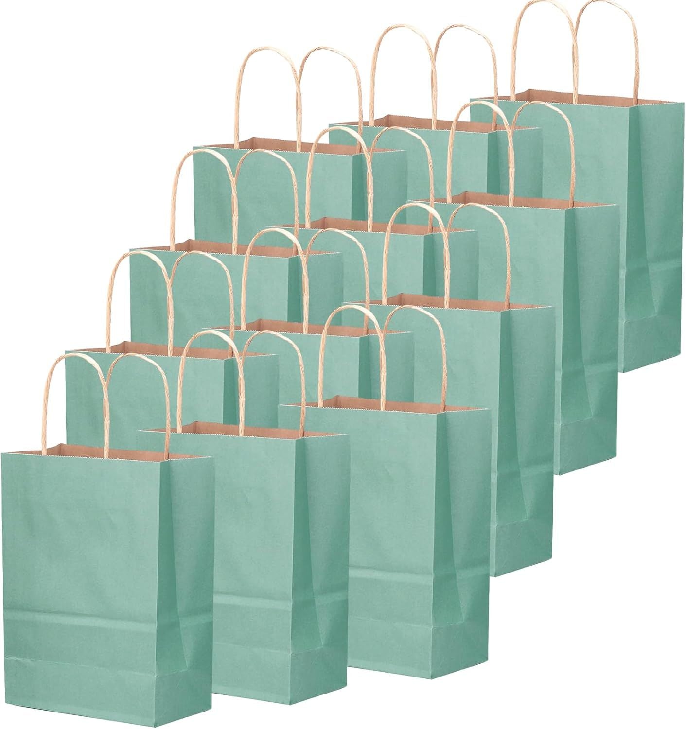 100PCS Gift Bag with Handles Bulk Kraft Light Blue Paper Bags Multiple Uses (8.3"x3"x6"inch Small Size) - Renee Lane Company