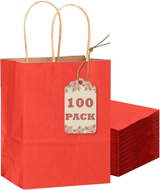 100PCS Gift Bag with Handles Bulk Kraft Red Paper Bags Multiple Uses (8.3"x3"x6"inch Small Size) - Renee Lane Company