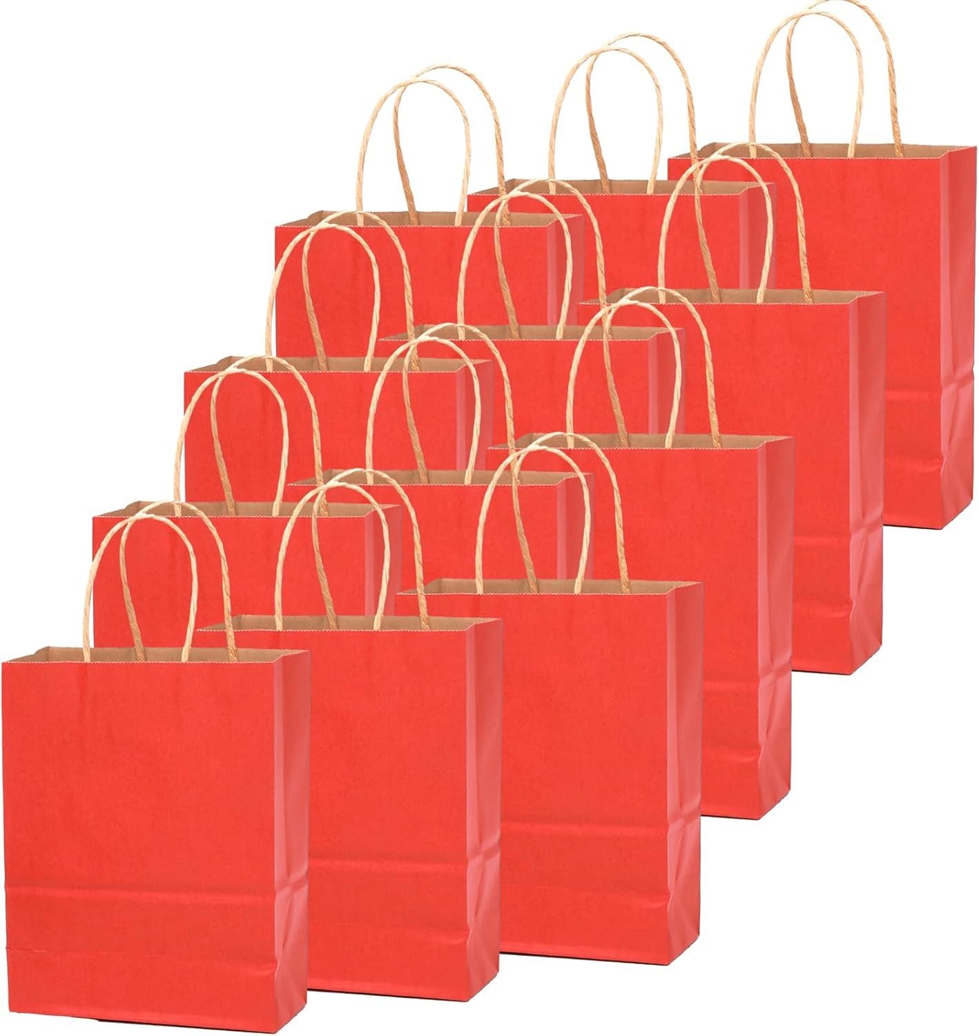 100PCS Gift Bag with Handles Bulk Kraft Red Paper Bags Multiple Uses (8.3"x3"x6"inch Small Size) - Renee Lane Company