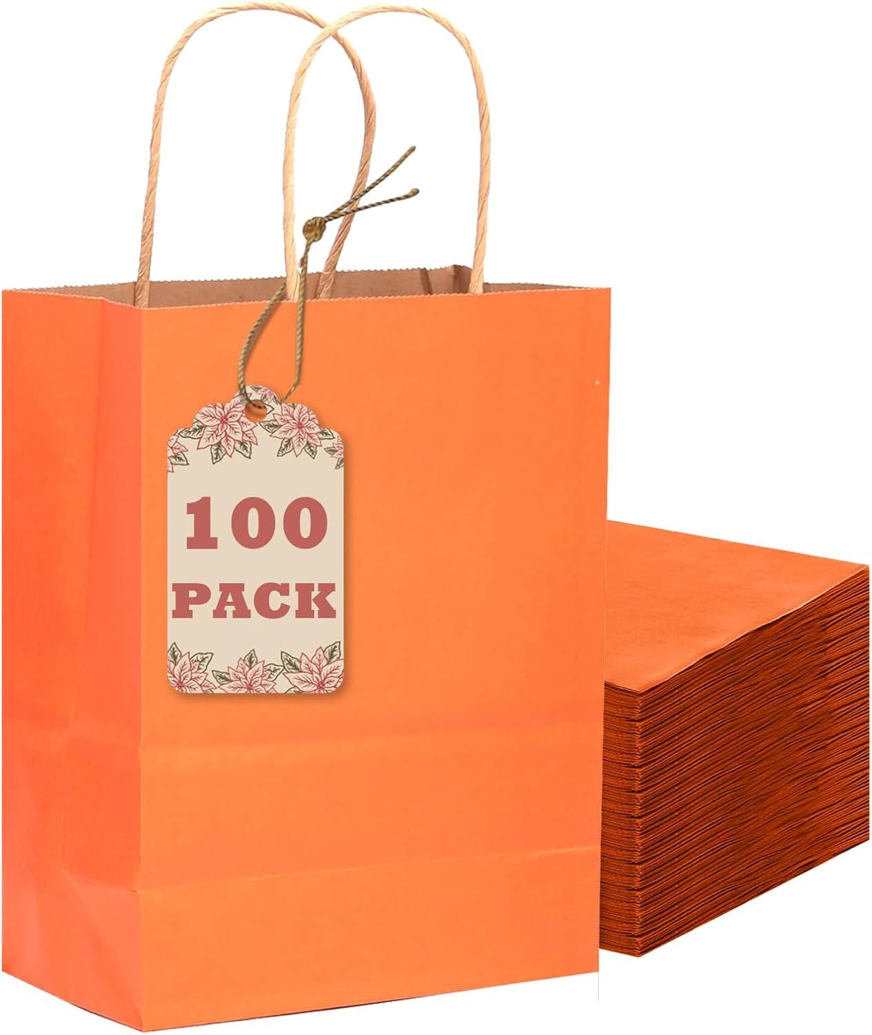 100Pcs Gift Bag with Handles Bulk Kraft Orange Paper Bags Multiple Uses (8.3"x3"x6", Small Size) - Renee Lane Company