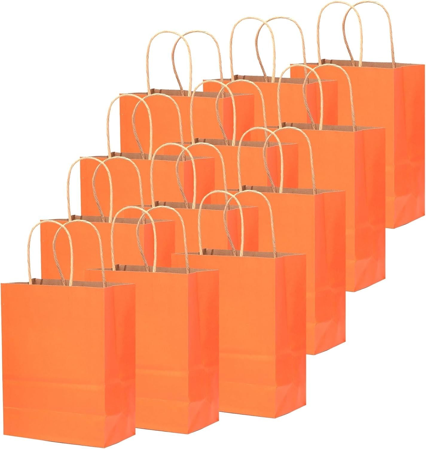 100Pcs Gift Bag with Handles Bulk Kraft Orange Paper Bags Multiple Uses (8.3"x3"x6", Small Size) - Renee Lane Company