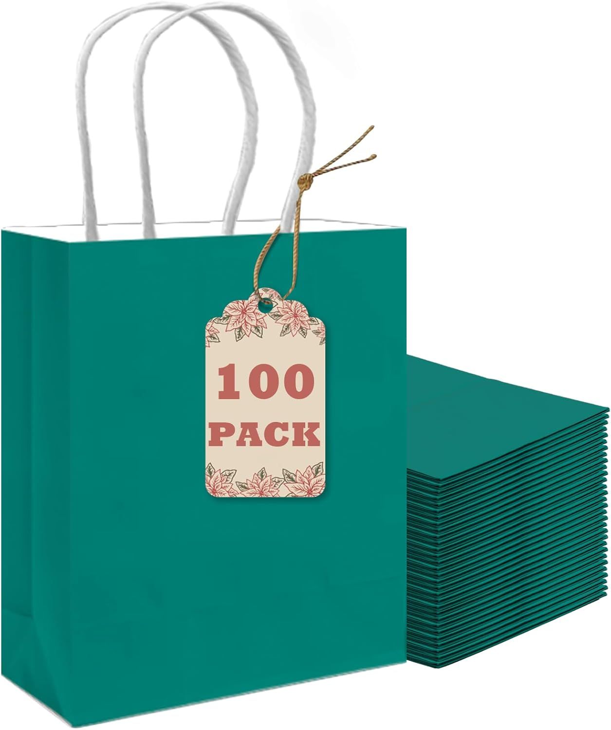 100Pcs Paper Gift Bag with Handles Deep Green Party Favor Bags Multiple Uses (8.3"x3"x6", Small Size) - Renee Lane Company