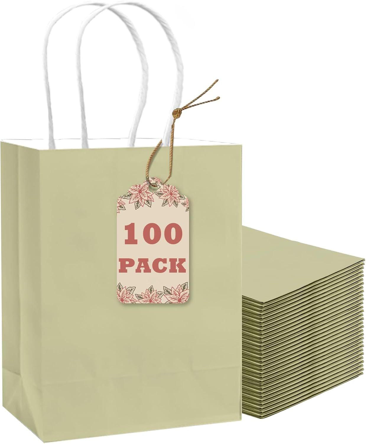 100Pcs Paper Gift Bag with Handles Eggshell Green Party Favor Bags Multiple Uses (8.3"x3"x6", Small Size) - Renee Lane Company