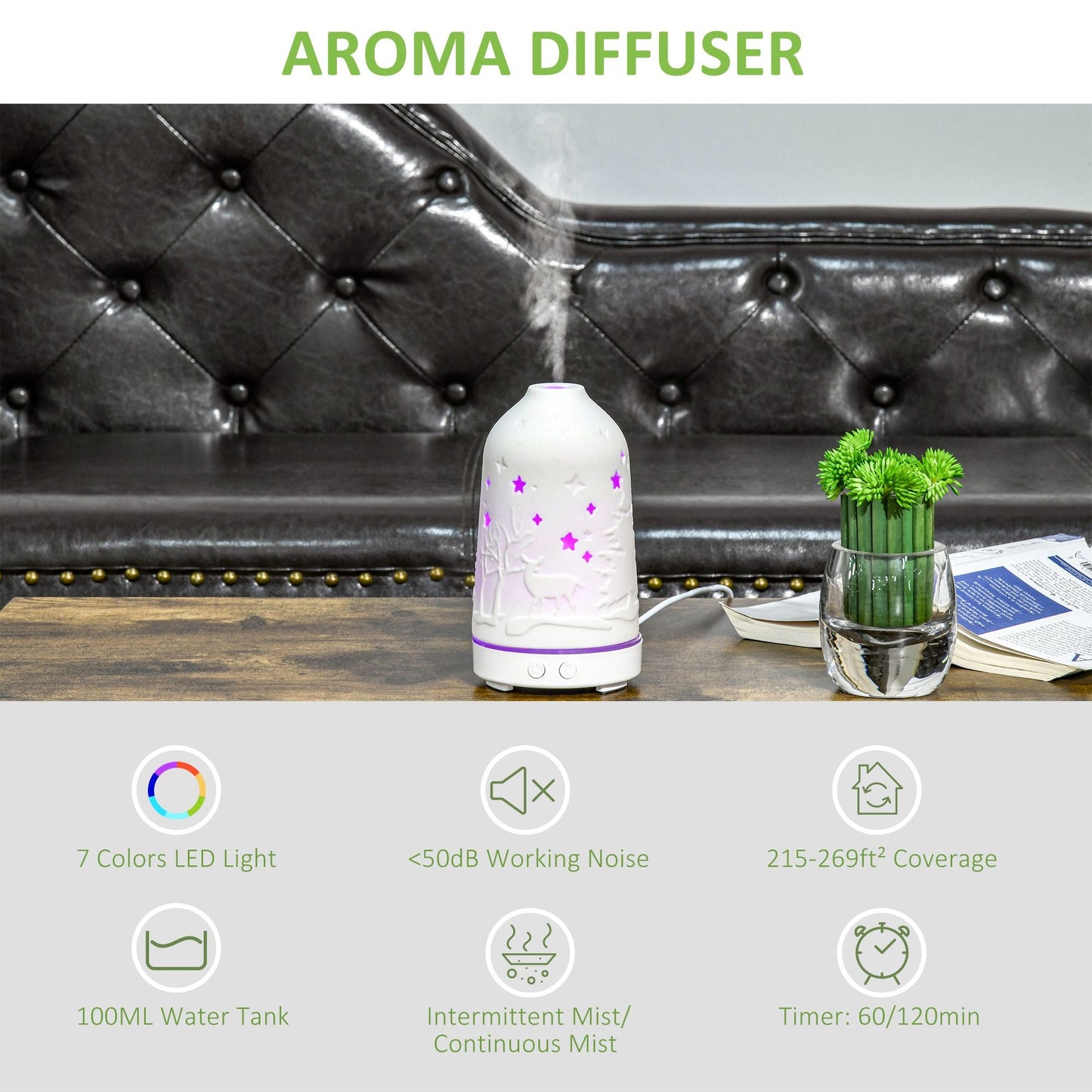 100ml Ultrasonic Aromatherapy Diffuser, Essential Oils Humidifier with Ceramic Cover, 7 Colors LED Lights, Timer, Waterless Auto-off for Home and Office, White - Renee Lane Company