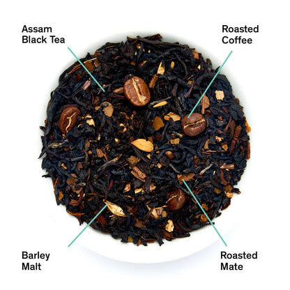 Loose dark tea leaves with roasted mate pieces and espresso bean bits in a bowl