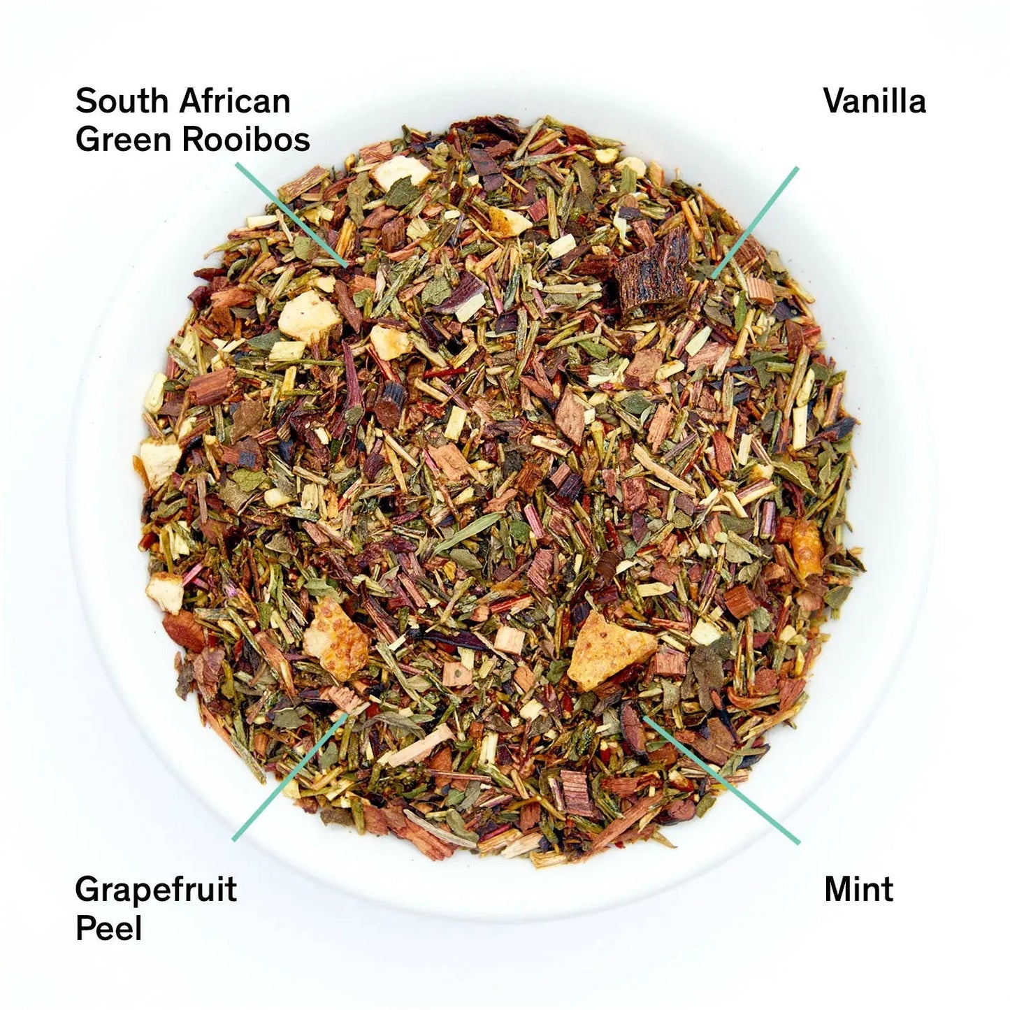 Vanilla grapefruit mint rooibos tea leaves in a bowl